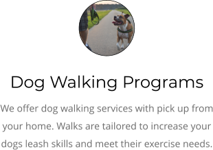 Dog Walking Programs We offer dog walking services with pick up from your home. Walks are tailored to increase your dogs leash skills and meet their exercise needs.